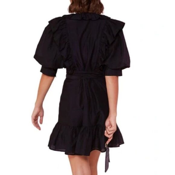 Magali Pascal Maggie Black Silk Blend Ruffled V-Neck Tie Waist Mini Dress Size 8 - Picture 2 of 8